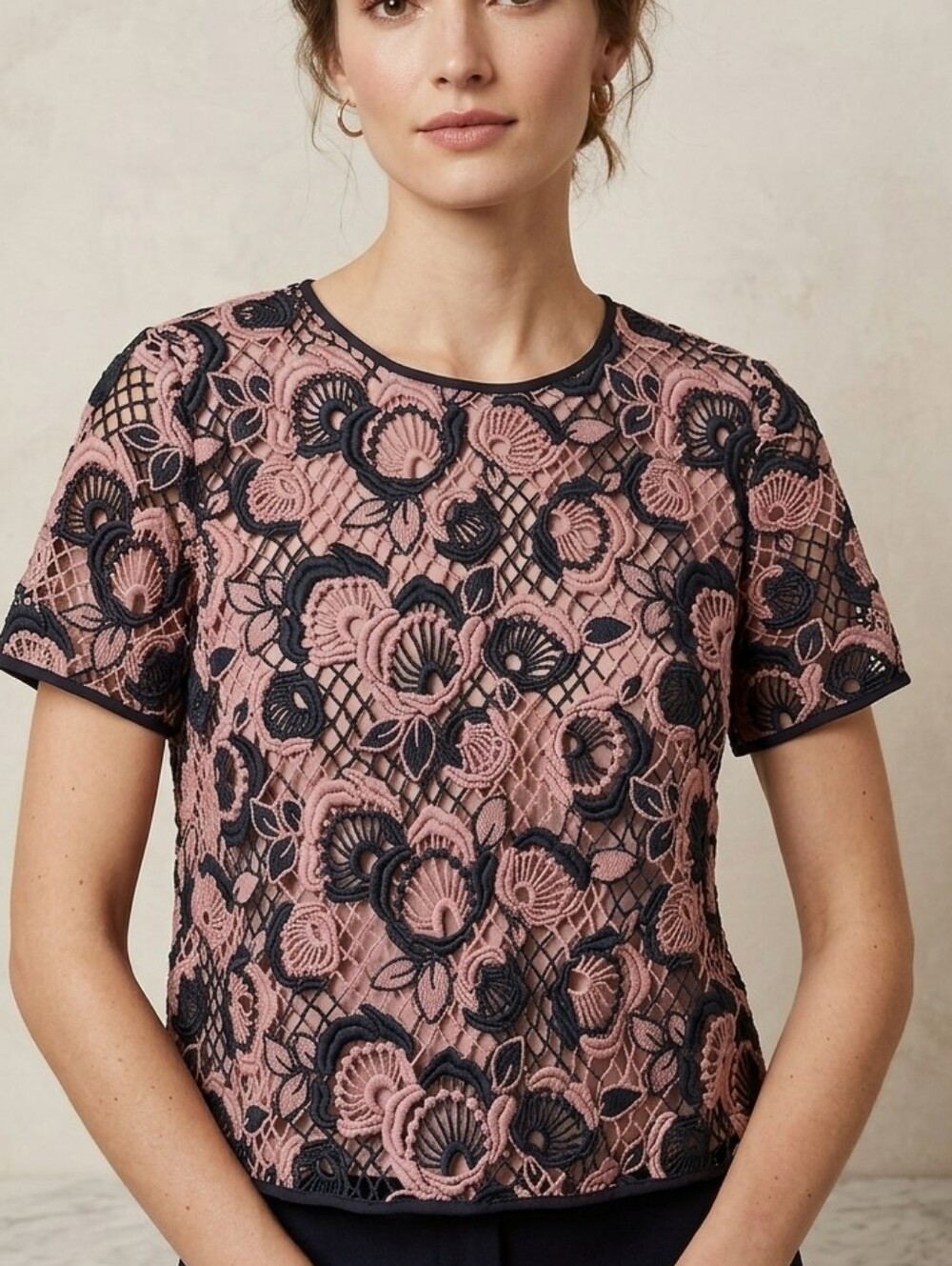 NEW Ann Taylor Pink Black Floral Lace Short-Sleeve Top Sz Size 10P Petite